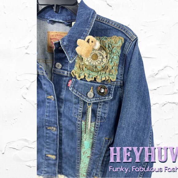 Moon Child Vibes 🌙 Handmade Upcycled Levi’s Jacket – Turquoise, Trims & Charms - Picture 11 of 16